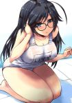  1girl bare_shoulders bespectacled black_hair blue_eyes blush breasts cleavage girls_und_panzer glasses isuzu_hana large_breasts long_hair looking_at_viewer name_tag pool school_swimsuit shinshin sitting smile solo swimsuit wariza water white_school_swimsuit white_swimsuit 