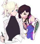 2girls bare_shoulders black_sweater blonde_hair blue_eyes blush bodysuit brown_eyes brown_hair cropped_legs d.va_(overwatch) facepaint facial_mark gloves headphones headphones_around_neck labcoat long_hair mercy_(overwatch) multiple_girls mwo_imma_hwag open_mouth overwatch paper pen ribbed_sweater simple_background smile sweater undressing upper_body whisker_markings white_background white_gloves 