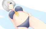  1girl alternate_costume bikini blue_background blue_eyes breasts collarbone eyes_visible_through_hair female hair_ornament hair_over_one_eye hairclip hamakaze_(kantai_collection) hand_on_hip highres kantai_collection kiririn_(ankade) looking_down navel necktie open_mouth short_hair silver_hair simple_background solo swimsuit underwear yellow_necktie 