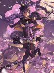  1girl architecture black_legwear breasts building cape cherry_blossoms east_asian_architecture elbow_gloves full_moon gloves green_eyes hair_ornament hat highres house long_hair love_live! love_live!_school_idol_project mini_hat mini_witch_hat moon open_mouth petals purple_hair purple_sky qianqian sky solo star star_(sky) star_hair_ornament starry_sky thigh-highs toujou_nozomi tree twintails witch_hat 