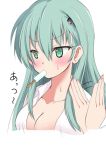  1girl alternate_costume aqua_eyes aqua_hair blouse breasts cleavage eyebrows eyebrows_visible_through_hair kantai_collection long_hair nissei popsicle shirt simple_background suzuya_(kantai_collection) sweatdrop upper_body white_background white_blouse white_shirt 
