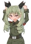  1girl anchovy blush commentary_request drill_hair girls_und_panzer green_blouse green_clothes green_hair hair_between_eyes hair_ribbon highres huuapainter long_hair long_sleeves looking_at_viewer military military_uniform necktie open_mouth red_eyes ribbon shoulder_belt solo twin_drills twintails uniform upper_body wavy_mouth white_background 
