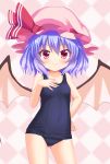  1girl bat_wings blue_hair hakuto_(28syuku) hat mob_cap red_eyes remilia_scarlet school_swimsuit short_hair smile standing swimsuit touhou wings 