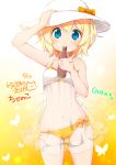  1girl artist_name bikini blonde_hair blue_eyes blush bottle butterfly character_name chikanoko copyright_name dated dress hand_on_headwear hat looking_at_viewer mouth_hold navel original papico_(ice_cream) ragho_no_erika short_hair smile solo star sun_hat swimsuit uchino_chika 