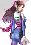  1girl absurdres artist_name ass bodysuit breasts brown_hair bubble_blowing bubblegum character_name cowboy_shot d.va_(overwatch) dated eyebrows eyebrows_visible_through_hair facepaint facial_mark from_behind gloves gum han_xiao_xue_beifang_xue_ji headphones high_collar highres long_hair looking_at_viewer looking_back overwatch pilot_suit shoulder_pads solo turtleneck whisker_markings white_gloves yellow_eyes 