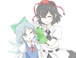  2girls ascot bangs black_hair blue_eyes blue_hair bow cink-knic cirno closed_eyes commentary_request dress frog hair_bow hat ice ice_wings multiple_girls open_mouth puffy_short_sleeves puffy_sleeves puppet shameimaru_aya shirt short_hair short_sleeves sketch skirt smile tokin_hat touhou translation_request white_background wings 