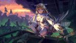  1girl armor black_gloves blonde_hair blue_eyes bodysuit breasts cleavage cleavage_cutout commentary_request female gloves headgear highres long_hair looking_at_viewer mecha_musume original pinakes pov pov_hands reaching_out ruins solo_focus squatting thigh-highs white_gloves white_legwear zettai_ryouiki 