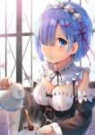  1girl blue_eyes blue_hair blush breasts cleavage coffee cup detached_sleeves hair_ornament hair_over_one_eye hair_ribbon looking_at_viewer maid maid_headdress medium_breasts pouring qian_wu_atai re:zero_kara_hajimeru_isekai_seikatsu rem_(re:zero) ribbon short_hair solo teapot x_hair_ornament 