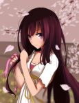  1girl adjusting_hair black_hair breasts cherry_blossoms cleavage dress hair_ribbon holding long_hair petals pink_ribbon purple_hair qingchen_(694757286) ribbon short_sleeves smile solo tokyo_ravens tsuchimikado_natsume upper_body violet_eyes 