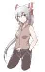  1girl bow cropped_legs fujiwara_no_mokou hands_in_pockets kuroba_rapid long_hair pants red_eyes silver_hair simple_background sleeveless solo touhou unbuttoned very_long_hair white_background 