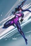  1girl artist_request bodysuit boots breasts character_name cleavage email_address gloves gun head_mounted_display highres looking_away overwatch purple_hair rifle skin_tight sniper_rifle solo watermark weapon web_address widowmaker_(overwatch) 