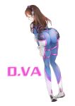  1girl arched_back ass bodysuit breasts brown_hair character_name closed_eyes d.va_(overwatch) facepaint facial_mark from_behind gloves hand_on_own_elbow headphones leaning_forward long_hair overwatch pilot_suit sevenann shoulder_pads simple_background solo whisker_markings white_background white_gloves 