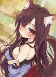  1girl :o animal_ears bare_shoulders blush breasts brooch brown_hair dress fingernails hym9594 imaizumi_kagerou indoors jewelry large_breasts long_fingernails long_hair looking_at_viewer nail_polish red_eyes side_ponytail solo tail touhou undressing very_long_hair wolf_ears wolf_tail 