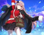  1girl bag bandage_over_one_eye fate/grand_order fate_(series) florence_nightingale_(fate/grand_order) gloves gun jacket_on_shoulders long_hair looking_at_viewer military military_uniform pantyhose pink_hair pleated_skirt red_eyes shirako_miso skirt solo uniform weapon white_gloves white_legwear 