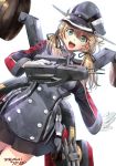  1girl anchor_hair_ornament aqua_eyes black_ribbon black_skirt blonde_hair blush gloves hair_ornament hat highres iron_cross kantai_collection long_hair long_sleeves looking_at_viewer low_twintails machinery microskirt military military_hat military_uniform open_mouth peaked_cap prinz_eugen_(kantai_collection) ribbon skirt smile solo turret twintails ugeppa uniform white_gloves 