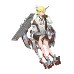  1girl absurdres aircraft_carrier aqua_eyes arimusume bare_legs battleship_girl between_legs blonde_hair bottomless brown_gloves dress_shirt full_body gloves hair_tubes headgear highres letterman_jacket long_hair looking_at_viewer machinery military military_vehicle necktie off_shoulder official_art rust ship shirt solo star star-shaped_pupils symbol-shaped_pupils untied uss_cabot_(cvl-28)_(battleship_girl) warship watercraft white_background 
