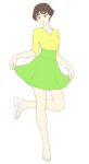  1girl bare_legs brown_eyes brown_hair dress female flat_color full_body gake_no_ue_no_ponyo green_skirt high-waist_skirt jas legs looking_down risa_(ponyo) sandals simple_background skirt skirt_lift solo white_background 