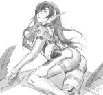  1girl absurdres ass bangs bodysuit d.va_(overwatch) facial_mark from_behind gloves hair_over_one_eye headphones highres long_hair looking_at_viewer looking_back mecha meka_(overwatch) messikid monochrome overwatch parted_lips pilot_suit simple_background sketch skin_tight solo swept_bangs whisker_markings white_background 