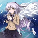  1girl angel_beats! black_skirt feathers green_eyes hands_together long_hair looking_at_viewer lowres pleated_skirt qingchen_(694757286) school_uniform signature silver_hair skirt solo tachibana_kanade white_wings wings 