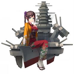  1girl battleship battleship_girl blue_eyes brown_hair fusou_(battleship_girl) geta hand_on_own_chest japanese_clothes kimono long_hair looking_at_viewer military military_vehicle obi sash ship side_ponytail sidelocks sitting solo ti-tang warship watercraft white_legwear yukata 