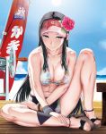  1girl aqua_eyes bikini black_bow black_hair bow breasts cleavage flag flagpole flower hair_flower hair_ornament long_hair looking_at_viewer sandals shino_(comic_penguin_club) sitting smile solo sweat swimsuit very_long_hair 