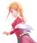  1girl blonde_hair blue_eyes breasts female highres jewelry long_hair looking_back mi-e-ra nintendo pointy_ears princess_zelda smile solo the_legend_of_zelda the_legend_of_zelda:_skyward_sword 