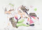  +_+ 2girls :o aori_(splatoon) bare_shoulders black_dress black_hair bow breasts character_name cleavage detached_collar domino_mask dress earrings eye_contact eyebrows food food_on_head gloves green_legwear hair_bow hat hotaru_(splatoon) jewelry long_hair looking_at_another lying mask mole mole_under_eye multiple_girls object_on_head pantyhose pointy_ears purple_legwear raikado short_hair silver_hair simple_background smile splatoon strapless symbol-shaped_pupils tentacle tentacle_hair thick_eyebrows white_gloves 