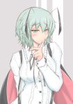  1girl alternate_breast_size antennae aqua_eyes arm_behind_back blouse blush breasts buttons cape cheek_poking cube85 green_hair hair_between_eyes highres large_breasts lips long_sleeves looking_at_viewer poking short_hair suspenders touhou upper_body white_blouse wriggle_nightbug 