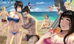  4boys 5girls abs absurdres arm_up bare_shoulders barefoot beach bikini bikini_top black_eyes black_hair black_swimsuit blue_eyes blue_sky breasts cleavage clouds cloudy_sky collarbone copyright_name d.va_(overwatch) dragon_tattoo drinking_straw error face facepaint facial_hair facial_mark genji_(overwatch) glass groin hanzo_(overwatch) head_mounted_display helmet highres holding holding_glass jealous junkrat_(overwatch) large_breasts long_hair looking_at_viewer male_swimwear mccree_(overwatch) mechanical_wings mei_(overwatch) mercy_(overwatch) midair multiple_boys multiple_girls muscle navel no_glasses ocean overwatch palm_tree pink_swimsuit pout purple_skin red_swimsuit sand shirtless short_hair short_ponytail side-tie_bikini sidelocks sitting sky spiky_hair stomach swim_trunks swimsuit swimwear tattoo tracer_(overwatch) tree very_long_hair water_gun whisker_markings widowmaker_(overwatch) wings yellow_eyes yellow_swimsuit 