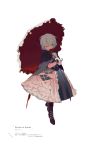 1girl alternate_costume blue_hair boots cloak cross-laced_footwear dress flower frills full_body gloves holding holding_flower holding_umbrella lace-up_boots layered_dress long_sleeves looking_to_the_side no_hat parasol petticoat red_eyes red_legwear red_rose rei_(sanbonzakura) remilia_scarlet rose shade short_hair simple_background solo standing star text touhou umbrella white_background 