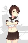  1girl :o artist_name black_ribbon brown_eyes brown_hair brown_skirt collarbone contrapposto cowboy_shot deru06 hair_ribbon head_tilt highres kantai_collection lifted_by_self looking_at_viewer navel open_mouth pleated_skirt ponytail ribbon school_uniform serafuku shikinami_(kantai_collection) ship short_hair silhouette simple_background skirt solo stomach undressing watercraft white_background 