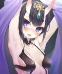  1girl armpits arms_up black_hair blush breasts collarbone eyebrows eyebrows_visible_through_hair fangs fate/grand_order fate_(series) gem head_tilt horns hym9594 looking_at_viewer oni_horns open_mouth short_hair shuten_douji_(fate/grand_order) solo teeth thick_eyebrows upper_body violet_eyes 