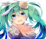 1girl :d asagao_minoru bad_id blue_eyes blurry blush depth_of_field green_hair green_nails hair_ornament hatsune_miku head_tilt long_hair looking_at_viewer nail_polish open_mouth outstretched_arm simple_background smile solo spica_(vocaloid) twintails upper_body vocaloid white_background 