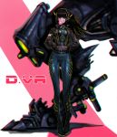  1girl bodysuit breasts brown_hair bubble_blowing bubblegum bunny_print character_name d.va_(overwatch) emblem facepaint gum hands_in_pockets heart heart-shaped_pupils jacket kyung_han_kim leather leather_jacket long_hair long_legs long_sleeves looking_at_viewer mecha overwatch rabbit solo south_korean_flag symbol-shaped_pupils whisker_markings zipper 