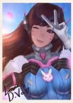  1girl ;) blue_sky brown_hair d.va_(overwatch) headphones highres looking_at_viewer one_eye_closed overwatch parted_lips photo raikoart signature sky smile solo v whisker_markings wink 