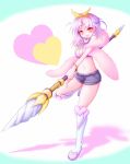  1girl anthurium_(flower_knight_girl) bangle boots bracelet breasts cleavage eyebrows eyebrows_visible_through_hair feather_boa flower_knight_girl full_body holding holding_weapon jewelry koa_(artist) midriff navel necklace open_mouth polearm purple_hair red_eyes shorts solo swimsuit weapon white_boots 