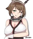  1girl bare_shoulders blush breast_hold breasts brown_hair cleavage gloves green_eyes hairband head_tilt highres huge_breasts kantai_collection licking_lips looking_at_viewer mutsu_(kantai_collection) one_eye_closed radio_antenna short_hair signature simple_background smile solo taka_(vert_320) tongue tongue_out upper_body white_background white_gloves 