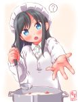  1girl 2016 ? asashio_(kantai_collection) black_hair blue_eyes blush buttons commentary_request cooking dated food head_tilt highres kanon_(kurogane_knights) kantai_collection kappougi ladle long_hair long_sleeves looking_at_viewer open_hand open_mouth outstretched_arm pot solo spoken_question_mark 