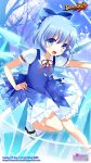  1girl artist_name blue_dress blue_eyes blue_hair blush cirno copyright_name danmaku!! dress hair_ribbon highres ice ice_wings kurot mary_janes open_mouth outstretched_arm puffy_sleeves ribbon shoes short_hair short_sleeves smile snowflakes socks solo sparkle text touhou watermark web_address white_legwear wings 