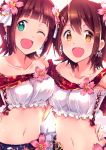  2girls :d ;d amami_haruka armpits asymmetrical_docking bangs bare_shoulders belt blunt_bangs blush breast_press breasts brown_hair collarbone earrings erect_nipples flower flower_earrings green_eyes hair_flower hair_ornament hairclip hand_on_another&#039;s_back head_tilt idolmaster idolmaster_million_live! ima_(lm_ew) jewelry kasuga_mirai medium_breasts multiple_girls one_eye_closed open_mouth pink_flower short_hair simple_background small_breasts smile strapless tareme tubetop upper_body white_background yellow_eyes 