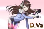  101_(lo10) 1girl ;3 arm_support bangs bodysuit breasts brown_eyes brown_hair charm_(object) covered_navel cowboy_shot d.va_(overwatch) facial_mark finger_on_trigger gloves gradient gradient_background gun headphones leaning_forward long_hair looking_at_viewer overwatch pilot_suit pink_background skin_tight small_breasts smile solo swept_bangs weapon whisker_markings white_gloves 