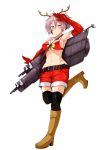  1girl ;) alternate_costume antlers aoba_(kantai_collection) arm_up armpits bare_shoulders belt black_legwear blue_eyes blush boots breasts brown_boots christmas elbow_gloves fake_horns gloves hair_between_eyes kantai_collection knee_boots leg_up looking_at_viewer medium_breasts messy_hair midriff miyoshi_(triple_luck) navel one_eye_closed pink_hair ponytail red_gloves reindeer_antlers ribbon salute scrunchie shorts simple_background smile solo standing standing_on_one_leg thigh-highs turret yellow_ribbon zettai_ryouiki 