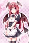  1girl :d alternate_costume apron bat_wings black_legwear blush bow breasts checkered checkered_background cleavage cleavage_cutout colored_eyelashes cowboy_shot demon_tail dress enmaided frilled_dress frills hands_together head_wings highres koakuma lace_background large_bow long_hair looking_at_viewer maid maid_apron maid_headdress open_mouth outline pointy_ears red_eyes redhead reimei_(r758120518) round_teeth smile solo tail teeth thigh-highs touhou very_long_hair waist_apron wings zettai_ryouiki 