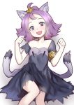  1girl acerola_(pokemon) animal_ears armlet cat_ears dress hair_ornament half_updo highres open_mouth pokemon pokemon_(game) pokemon_sm purple_dress purple_hair short_hair simple_background solo stitches sunege_(hp0715) torn_clothes torn_dress white_background 