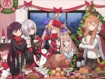  6+girls ^_^ alcohol blush braid brown_hair bullpup candle champagne champagne_bottle character_request christmas christmas_ornaments christmas_tree christmas_wreath closed_eyes fal_(girls_frontline) food girls_frontline green_eyes gun hair_ornament hair_ribbon long_hair m1903_springfield_(girls_frontline) mg5_(girls_frontline) multiple_girls official_art purple_hair ribbon rifle scarf silver_hair smile sniper_rifle turkey_(food) wa_2000_(girls_frontline) walther walther_wa_2000 weapon 