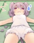  1girl akagashi_hagane animal_ears bloomers chemise from_below grey_hair looking_at_viewer lying mouse mouse_ears mouse_tail nazrin on_back on_floor open_mouth outstretched_arms red_eyes short_hair sleeveless solo sweat tail touhou underwear 