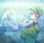  backpack bag blue_boots blue_dress blue_eyes blue_hair boots closed_mouth dress eyebrows eyebrows_visible_through_hair flat_cap from_behind green_hat hair_bobbles hair_ornament hat kawashiro_nitori knee_boots kohaku. light_rays long_sleeves looking_at_viewer looking_back pocket rubber_boots short_hair short_twintails smile submerged sunlight touhou twintails underwater water 