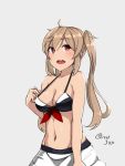  1girl bare_shoulders bikini blush breasts cleavage grey_background kantai_collection light_brown_hair long_hair looking_at_viewer murasame_(kantai_collection) navel open_mouth red_eyes signature simple_background solo swimsuit taka_(vert_320) twintails 