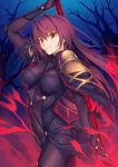  1girl bodysuit breasts brown_hair erect_nipples fate/grand_order fate_(series) hair_intakes large_breasts long_hair polearm red_eyes scathach_(fate/grand_order) solo type-moon weapon yangsion 