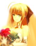  1girl ahoge bad_id black_ribbon blonde_hair collar dress elbow_gloves fate/stay_night fate/unlimited_codes fate_(series) flower gloves green_eyes hair_ribbon qingchen_(694757286) red_flower ribbon saber saber_lily shor_thair short_hair simple_background solo wedding_dress white_background white_dress white_gloves 